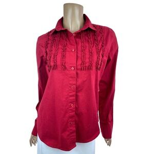 Austin Clothing Co Red Ruffled Blouse Sz M Long Sleeve Button Front Cotton/Spand